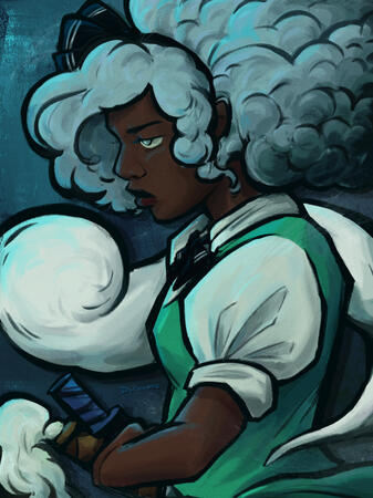 A woman holding a sword, shrouded in mist, looking to the left.