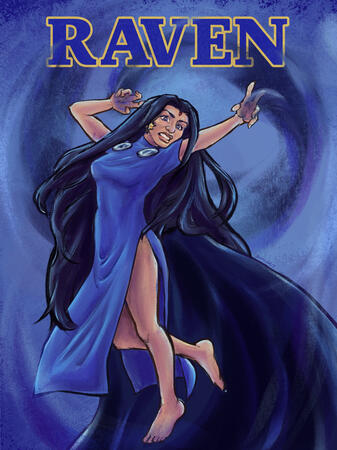 Raven from New Teen Titans, arms oustretched, looking at the viewer.